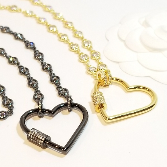 Bling Heart Carabiner Lock Pendant Charm Necklace - Picture 2 of 8